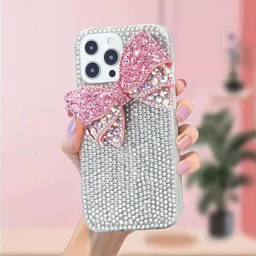 Max-ABC for iPhone 14 Plus Bling Glitter Case,3D Cute Bow Diamond Women Girls Cover Luxury Shiny Sparkle Crystal Rhinestone Gems Bumper Clear Protective Phone Case,Bow Pink thumbnail 5