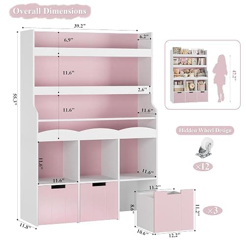 HITHOS 55.3"H Kids Bookshelf with Toy Storage Organizer, Tall Book Shelf with 3 Mobile Toy Storage Bins, Large Kids Bookcase with Toy Chest, 39.2"W Modern Toy Box for Kid Room, Playroom, Pink, White thumbnail 2