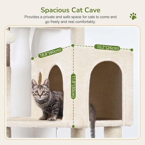 Globlazer Cat Tree Tower with Scratching Post for Indoor Cats, 53inch Tall Plush Multi-Level Cat Climbing Tower Condo House with Large Hammock, Spacious Cat Cave, Big Padded Top Perch Bed, F53, Beige thumbnail 3