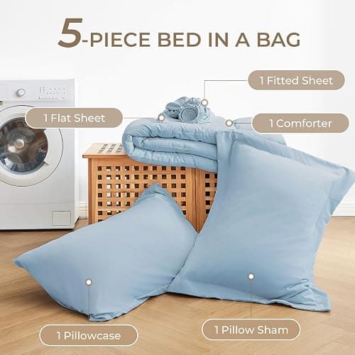 Sasttie Twin XL Comforter Set, 5 Pieces Twin XL Bed in a Bag, Complete Bedding Set Includes Comforter, Flat Sheet, Fitted Sheet, Pillowcase and Pillow Sham, Greyish Blue thumbnail 6