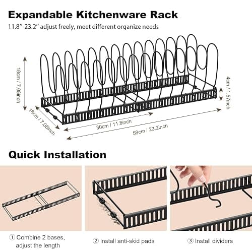Housolution Pot and Pan Organizer Rack for Cabinet, Expandable Pot Lid Organizer Holder with 14 Adjustable Dividers, Fully Expanded Size 22.83" W x 7.09" D x 7.09" H, Black thumbnail 2