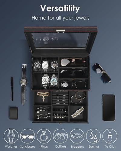 Kukikan Watch Jewellery Box Organiser, Watch Case and Sunglasses Storage with Large Glass Lid, 6 Slots and 2 Layers, Men's Jewellery Box with Lock, Watch Holder Display Case, Gift for Men Women thumbnail 6