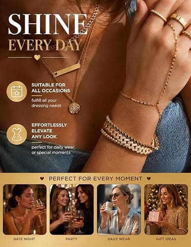 YEEZII Gold Hand Chain Bracelets for Women, 2 Pcs 14k Gold Plated Cubic Zirconia Link Chain Bracelet Set, Trendy ring bracelet hand chain Jewelry for Her thumbnail 6