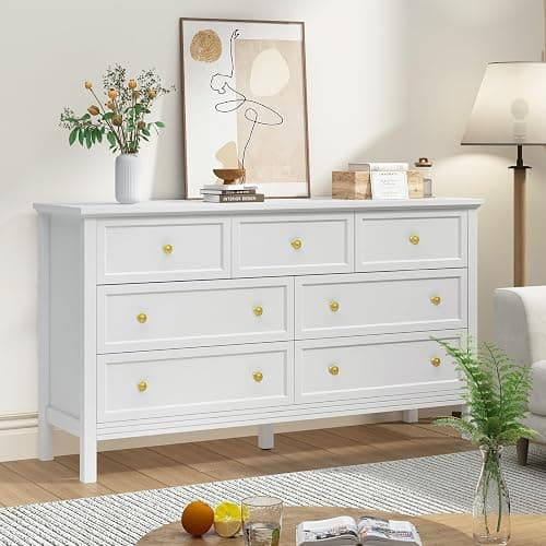 CARPETNAL White Dresser for Bedroom, 7 Drawer Dresser with Wide Drawers and Gold Metal Handles, 55" White and Gold Dressers TV Stand, Modern Dressers & Chests of Drawers for Hallyway, Entryway thumbnail 2