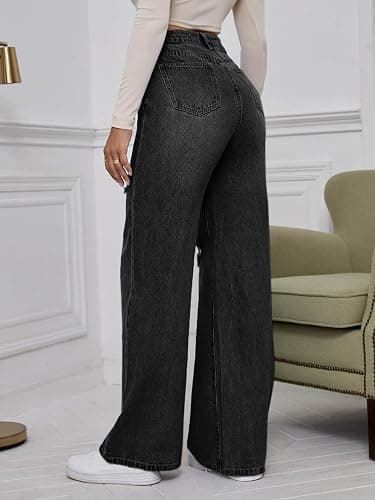 WDIRARA Women's High Waist Ripped Wide Leg Baggy Jeans Distressed Denim Pants thumbnail 2