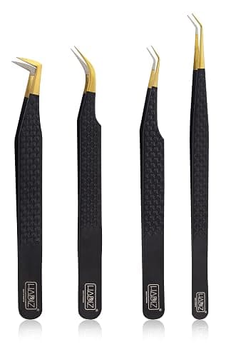 HADIZ Set of 4 Fiber Tip Diamond Grip Eyelash Extensions Tweezers Japanese Stainless Steel Lash Tweezer(Black) - Image 1