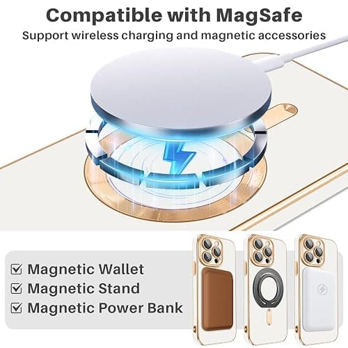 Dinick Magnetic for iPhone 13 Pro Case with Camera Len Protector, White | Compatible with MagSafe, Soft TPU Bumper, Anti-Scratch Protection, Slim Glitter Plated Gold Cover thumbnail 2