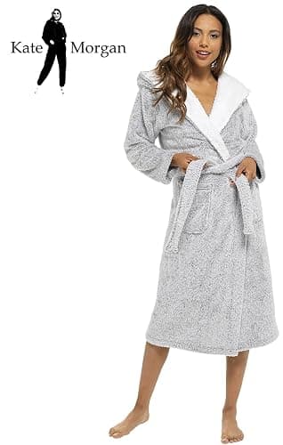 KATE MORGAN Ladies Dressing Gown Fluffy Super Soft Hooded Bathrobe for Women Plush Fleece Perfect Loungewear Long Robe | Gifts for Women thumbnail 8