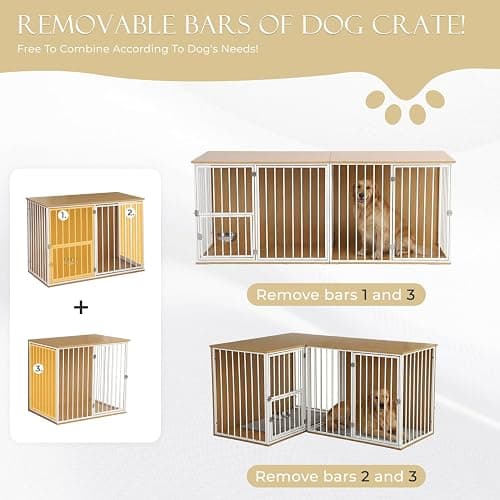Large Double Dog Crate Furniture - TV Stand & Indoor Kennel with Adjustable Divider, Heavy Duty Wooden Pet House for 2 Large Breed Dogs, Removable Doors, with Rotating Feeder (White) thumbnail 3
