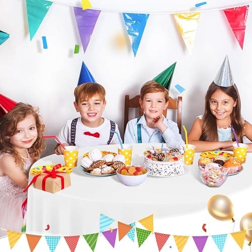 tujol White 6 Pack Plastic Table Cloth 84", Disposable Round Tablecloth Table Cover, Plastic Tablecloths for Parties thumbnail 2