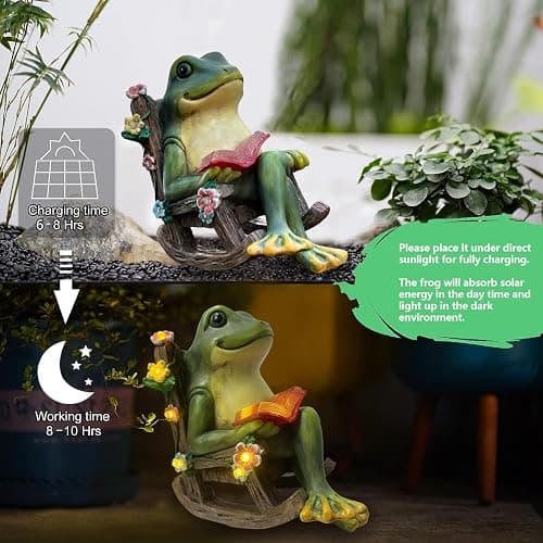 Solar Garden Statues Miniature Frog Figurine Decor with Succulents and 7 LED Lights Outdoor for Patio Yard Balcony Lawn - Unique Birthday Housewarming Festival Gifts for Wife Family Friends - frog thumbnail 3