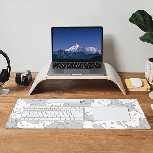 White Kawaii Cats E-Sport Mouse Pad Large Desk Mat Non-Slip Rubber Base Stitched Edge Keyboard Mouse Pad for Office Home E-Sport Computer Laptop, 31.5×11.8 Inches thumbnail 2