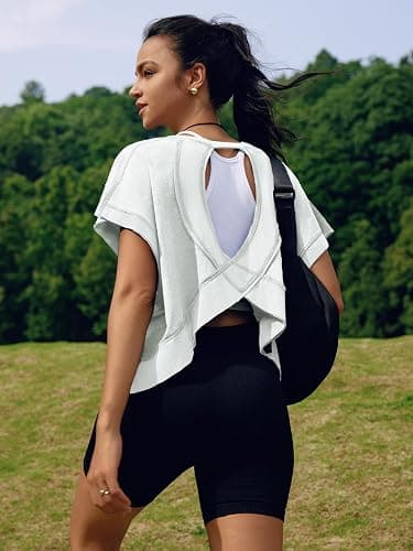 SENSERISE Womens Open Back Workout Tops Backless Short Sleeve Athletic Shirt Running Crop Top Gym Yoga Tee thumbnail 5