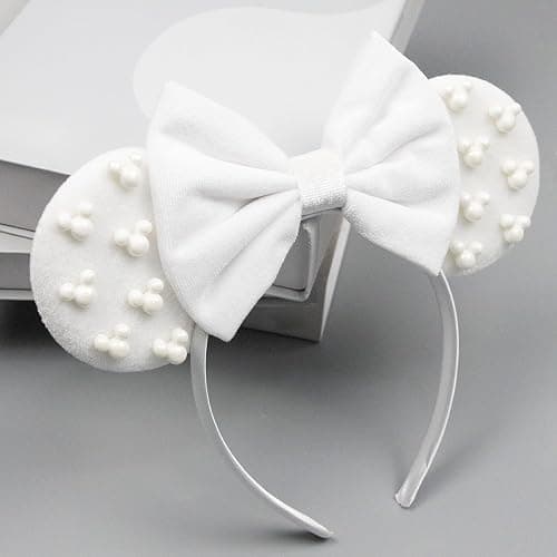 JIAHANG Velvet Mouse Ears Headband with Beads, White Hair Bow Hairband with Pearls, Party Decoration Headwear Hair Accessories for Women Girls thumbnail 3