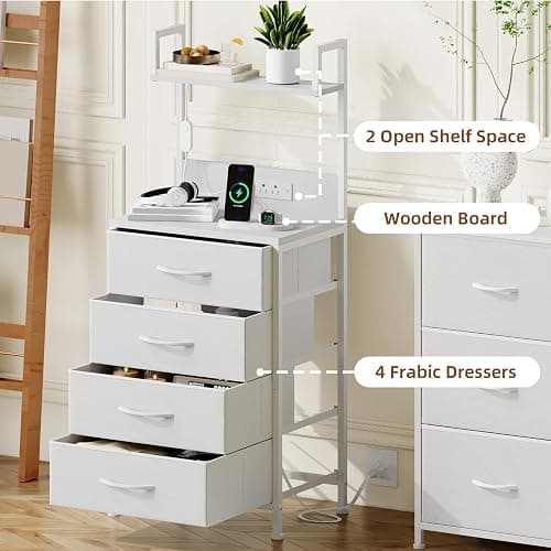 Somdot White Nightstand with Charging Station and LED Lights, Bedside Table Tall Night Stand with 4 Fabric Drawers and Top Shelf for Bedroom Guest Room Dorm Hallway thumbnail 6