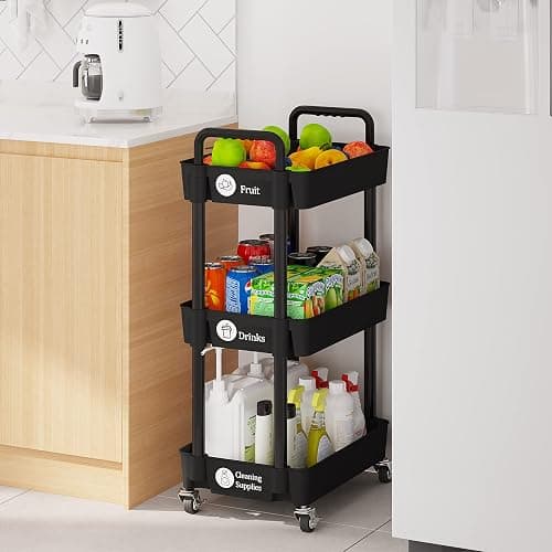 Laiensia 3-Tier Storage Carts,Multifunction Utility Rolling Cart Kitchen Storage Organizer,Mobile Shelving Unit Cart with Lockable Wheels for Bathroom,Laundry,Living Room,With Classified Sticker,Black thumbnail 2