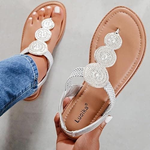 Luoika Women's Wide Width Flat Sandals, Flip Flop Thong Strappy Rhinestone Comfortable Summer Beach Shoes thumbnail 7
