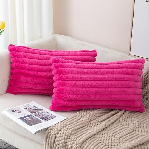 ZLINA Set of 2 Cream White Faux Fur Decorative Throw Pillow Covers Fluffy Striped Pillowcase Cushion Covers 12 x 20 Inch Decor Sofa Couch Bedroom thumbnail 2