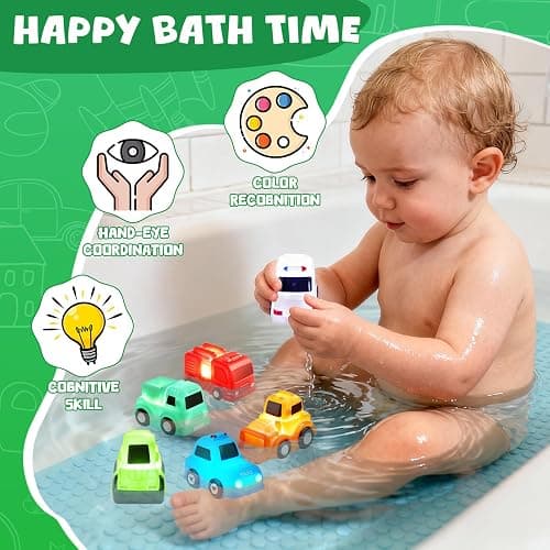 JoiTale Baby Bath Toys, 6 Pack Cars Light Up Bath Toys, No Hole No Mould Bathtub Toy for 1 2 3 Year Olds, Flashing LED Sensory Toy for Toddlers, Bath Time Shower Gifts for Boys and Girls thumbnail 2