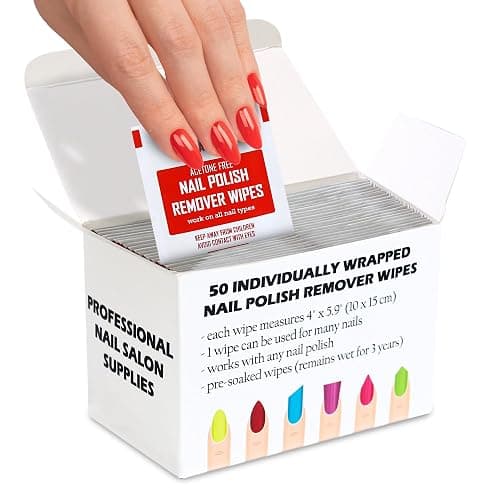 Nail Polish Remover Pads - 100% Non-Acetone - 50 Pack Bulk Set - Individually Wrapped - Quick Nail Polish Remover Wipes - Fingernail Travel Kit to Clear Nail Polish for Home & Professional Removal - Image 1
