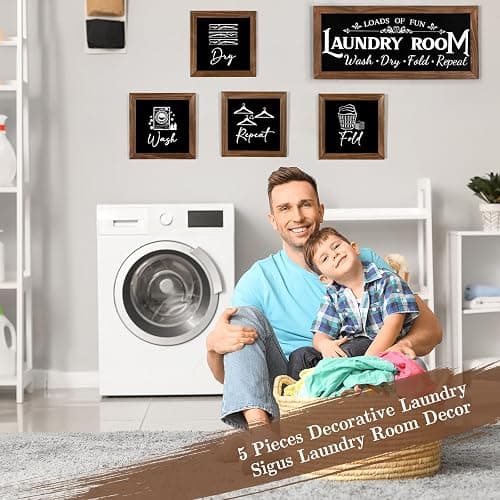 Laundry Room Wall Decor Set of 5 - Farmhouse Wood Signs with Wash Dry Fold Put Away, Rustic Laundry Room Art with Wood Frame Decorative Room Sign thumbnail 3