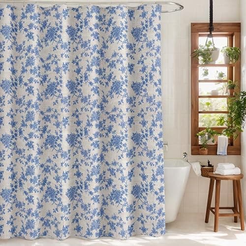 MUGINYU Blue Vintage Floral Linen Shower Curtain-Toile Cottage Core Farmhouse Country Neutral Botanical Bath Curtain for Bahtroom Decor 72x72inch thumbnail 4