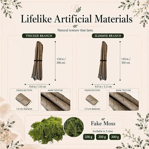 Johejohe 6 Pcs 118" Bendable Artificial Tree Branches with DIY Fake Moss | 0.5&0.6" Dia. Fake Tree branches, Enchanted Forest Decorations for Tea Party, Halloween, Christmas or Woodland Theme Events thumbnail 2