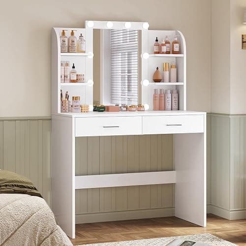 TEENFON Vanity Desk with Mirror & Lights, Makeup Vanity with 6 Shelves, Dressing Table with 2 Drawers, 3 Color Light Adjustable for Bedroom, Modern, White thumbnail 8
