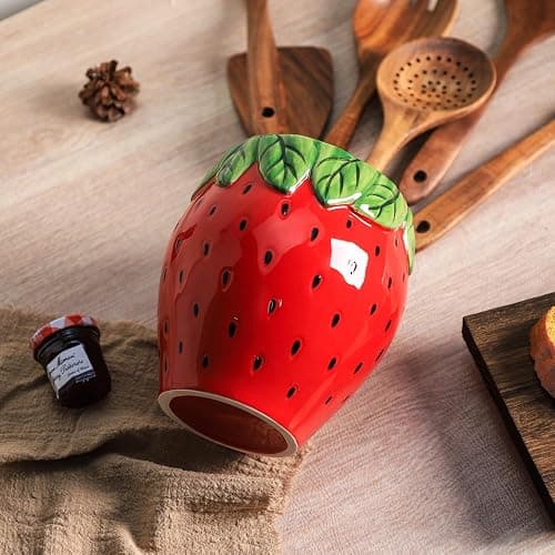 Bicuzat Strawberry Shaped Ceramic Kitchen Utensil Holder, Large Cooking Utensil Crocks for Kitchen Countertop, Ceramic Utensil Organizer for Spatula, Kitchen, Home Decoration-Retro Red thumbnail 7