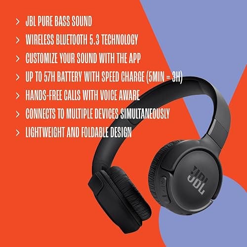 JBL Tune 520BT - Wireless On-Ear Headphones, Up to 57H Battery Life and Speed Charge, Lightweight, Comfortable and Foldable Design, Hands-Free Calls with Voice Aware (Black) thumbnail 8