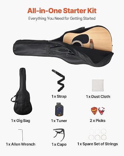 VEVOR Dreadnought Acoustic Guitar, 41 in, 6-String Natural Solid Spruce Top Guitar, Beginner Bundle with Gig Bag, Tuner, Strap, Strings, Picks, Capo, Rosewood Fingerboard, for Adults Taller Players thumbnail 6