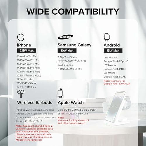 Wireless Charging Station, 3 in 1 Fast Wireless Charger Stand for Multiple Devices Apple Watch Ultra Series 11 10 9 8 7 6 SE 5 4 3 2, iPhone 17 16 15 14 13 12 11 Pro Max/Plus/Air/X/XS/XR/SE, Airpods thumbnail 3