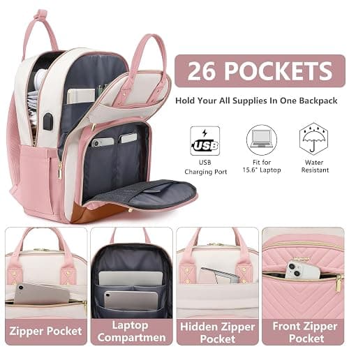 School Backpack for Women Teen Girls - 15.6 inch Laptop Backpack with USB Charger Waterproof College Bookbag Casual Daypack Computer Backpack for Work Travel Backpacks for Teacher Nurse Pink Beige thumbnail 2