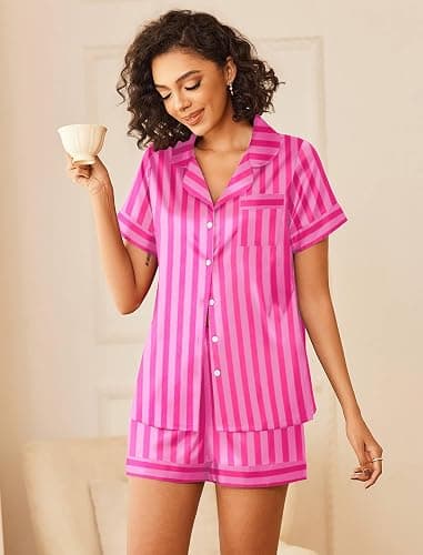 Ekouaer Womens Silk Satin Pajamas Sets 2 Piece Short Sleeve Sleepwear Button Down Top and Shorts Pjs Lounge Wear Sets thumbnail 3