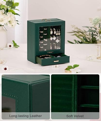 Homde Jewelry Organizer Girls Women Jewelry Box for Necklaces Rings Earrings Christmas Gift Bracelets Storage Case (Forest Green + Gold) thumbnail 6