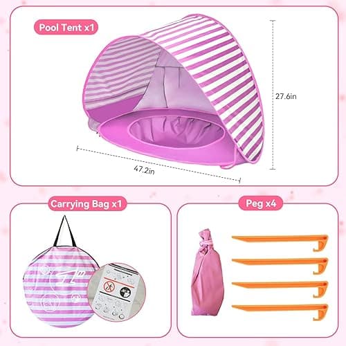 Baby Beach Tent with Pool, UPF 50+ Beach Sun Shelter Outdoor Tent for Aged 36 Months Baby and Kids, Parks and Beach Shade Portable Mini Pool Pink thumbnail 2