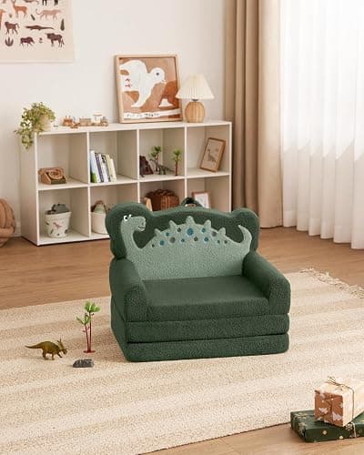 Blissful Diary Kids Couch, 2-in-1 Soft Toddler Couch Fold Out, Toddler Chair Comfy, Convertible Sofa to Lounger, Kids Furniture for Playroom, Gift for Birthday, Children's Day, Green Dinosaur thumbnail 7