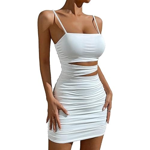 SEBAQINY Summer Bodycon Slip Dress: Women’s Sexy Hollow Out Strap Spaghetti Outfits - Short Party Dress for Club Wear 22521 - Small - White
