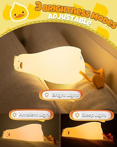 Cute Duck Night Light, Animal Lamp, Food Grade Silicone, Rechargeable, 3 Level Dimmable, Squishy Nursery Nightlight for Desk Decor, Funny Gifts Stuff for Boys Girls Baby, White Elephant Gifts thumbnail 3