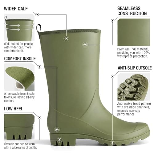 HISEA Women Rubber Boots Wide Calf Rain Boots | Seamless Matte Surface Waterproof PVC Rubber Rain Shoes for Farm Barn Garden Outdoor Work thumbnail 4