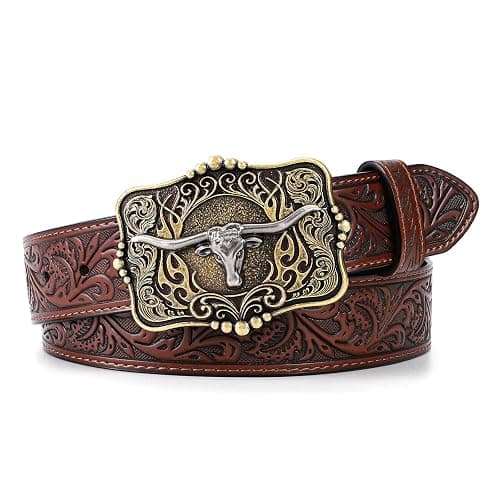 LALATCH Cowboy Cowgirl Belt Western Belts for Men Women Floral Engraved Longhorn Bull Buckle Belt for Jeans - Image 1
