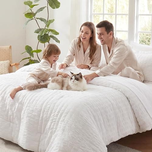 CozyLux Queen Comforter Set White, 7 Pieces Seersucker Textured Luxury Bed in a Bag Queen, All Seasons Soft Bedding Sets with Down Alternative Comforter, Sheets, Pillowcases & Shams, Bedroom Bed Set thumbnail 8