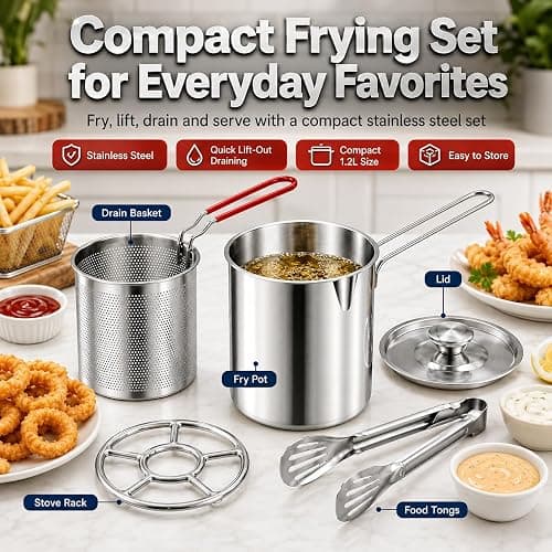Mini Deep Fryer Pot with Basket, 1.2L Stainless Steel Fryer Set (5Pcs) | Lift-Out Strainer, Pour Spout, Lid, Tongs & Stove Rack for Fries, Chicken, Shrimp & More thumbnail 3