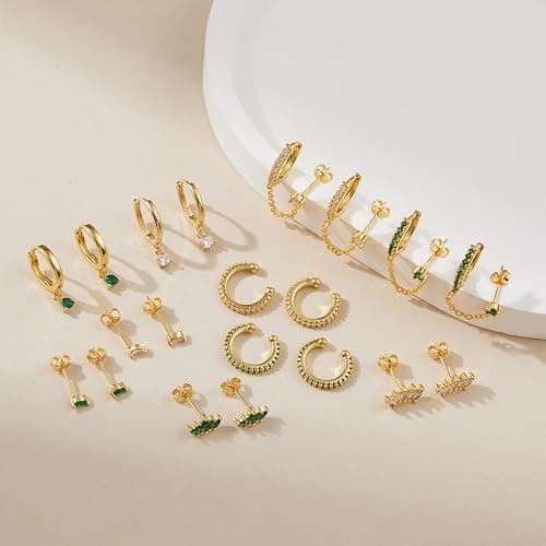LOFITOR 5 Pairs Sterling Silver Post Stud Hoop Earrings Set Dainty 14k Gold Plated Earrings for Women S925 Green CZ Cartilage Stud Huggie Earring for Multiple Piercing Small Earring Stacks thumbnail 4