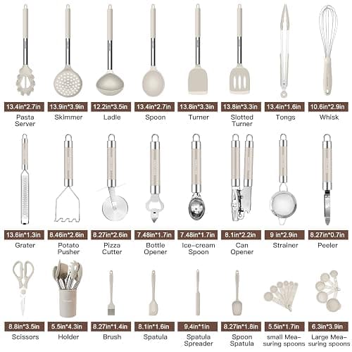 Kitchen Utensils Set-Silicone Cooking Utensils-33pcs Non-Stick Silicone Cooking Kitchen Utensils Spatula Set with Holder-Best Kitchen Cookware with Stainless Steel Handle (Khaki) thumbnail 2