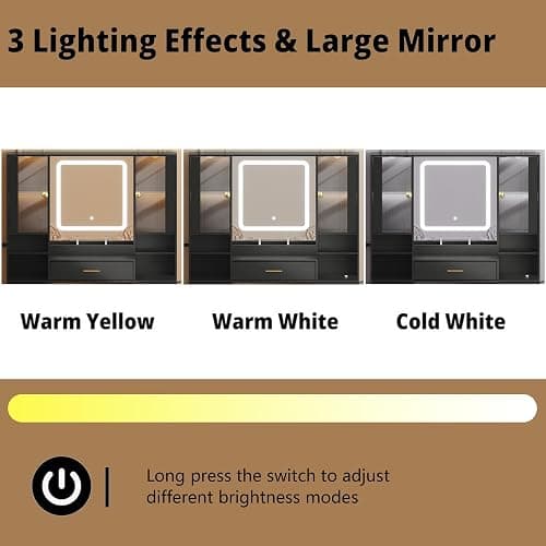 BORNOON Makeup Vanity with LED Light Strip Mirror and Chair, 7 Drawers & 2 RGB Cabinets Black Vanity Makeup Desk with Power Strip, Adjustable LED Lighting, and Cushioned Stool for Women, Girls, Teens thumbnail 6