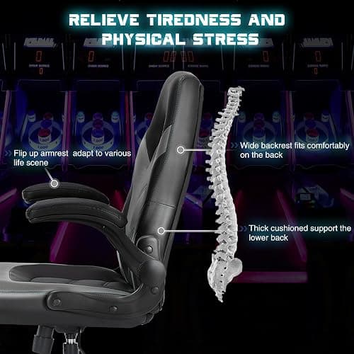 DUMOS Gaming Ergonomic Office Chair for Adults, Height Adjustable Computer Desk Chair with Flip-up Armrests, PU Leather Swivel Video Game Chair with 360° Rolling Wheels, Grey thumbnail 4