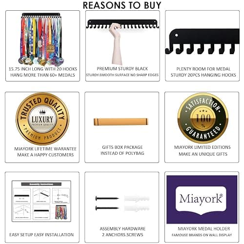 Miayork Medal Holder Display Hanger Trophy Shelf - Sturdy Wall Mount Medals Trophys Easy to Install-Race Sports Medal Holder Display Hanger for Gymnastic,Soccer,Runner,Wrest,Football,Basketball thumbnail 5