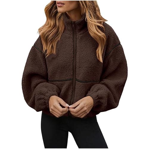 Sherpa Jacket Women Warm Zip Up Fleece Coat Stand Collar Fall Winter Fuzzy Jackets with Pockets Plush Outerwear Coats - Image 1