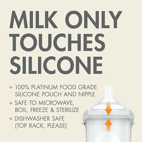 Boon Nursh Reusable Silicone Pouch Baby Bottles - Medium Flow Nipple - Silicone Baby Bottle Pouch and Nipple - Baby Feeding Essentials - Gray - 3-6 Months - 3 Count - 8 Ounce thumbnail 4